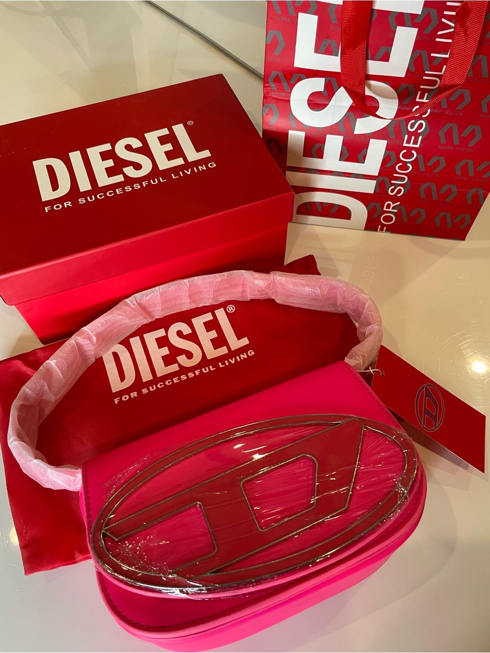 Diesel Hot Pink Oval Shoulder Bag with Silver Accent